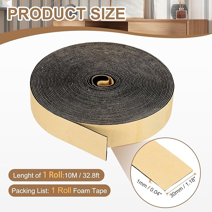 PATIKIL Foam Insulation Tape, 1-3/16" W x 1/16" t x 32.8FT Self Adhesive Weather Stripping Door Seal Strip for Door Window Air Conditioning, Black