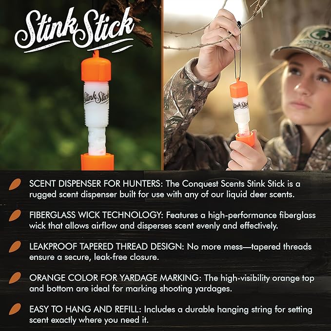 Conquest Scents Stink Stick – Orange Double Pack | Scent Dispenser with Fiberglass Wick for Liquid Hunting Scents or Wax Tubes | Leak-proof Yardage Markers and Hanging Scent Tools for Deer Hunting