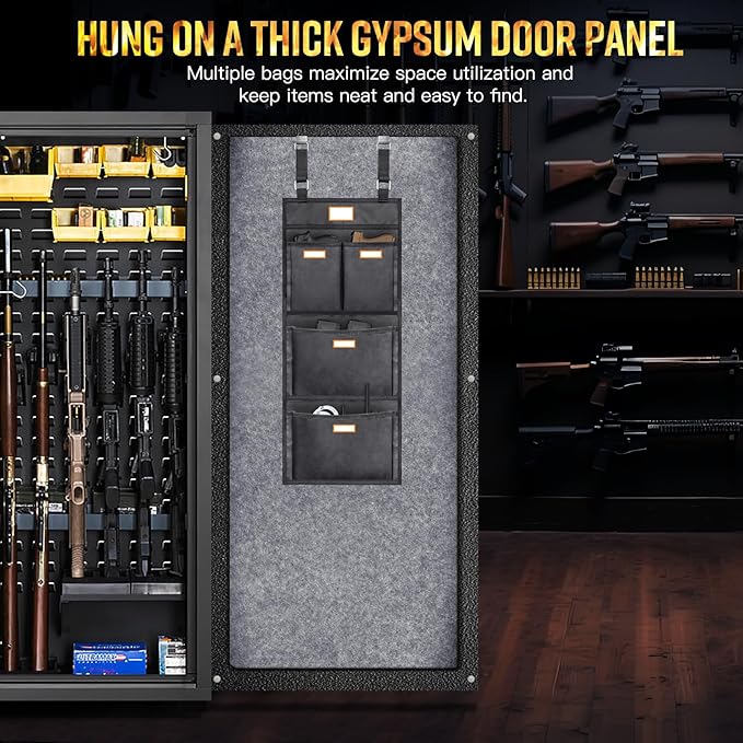Gun Safe Door Organizer - 4 Large Pockets for Easy Storage | Locker Hanging Organizer for Gun Cabinet, Police Locker, Gym & Closet | Quick Installation, Durable 1680 Oxford Cloth