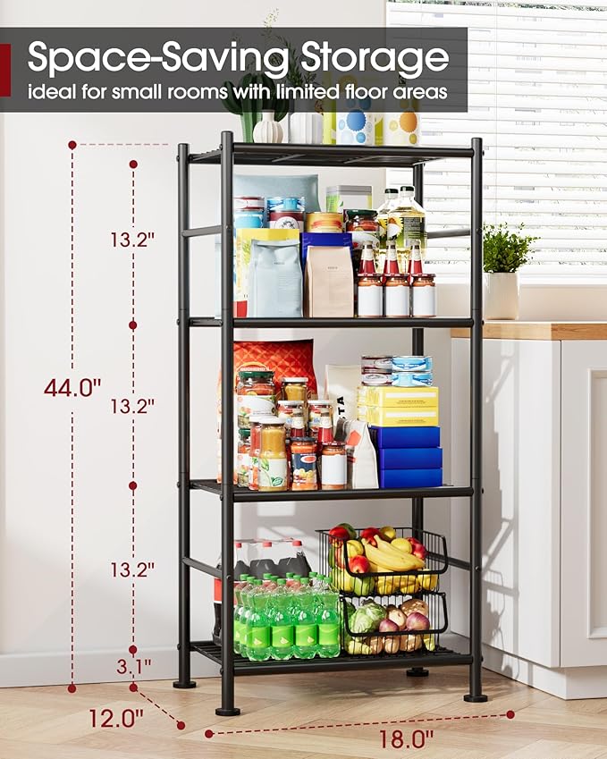 4 Tier Metal Shelf Organizer, Space-Saving, 18"x12"x44", Black