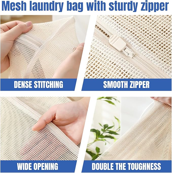 4Pcs Large Cotton Mesh Laundry Bags for Delicates-Breathable Mesh Garment Underwear Bag for Washing Machine-Travel Wash Bags with Zipper for Bras Sock Clothes Laundry Dorm Room Essentials