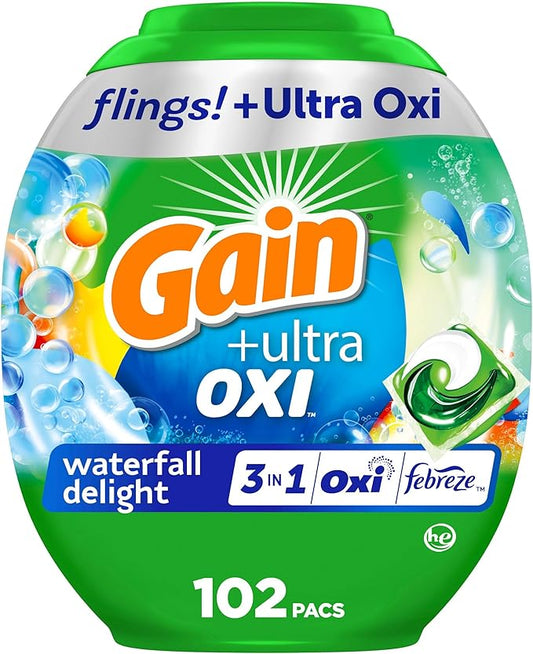 Gain Flings Ultra Oxi Laundry Detergent Pacs, 102 Count, Waterfall Delight Scent, with Odor Defense, concentrated laundry soap pacs