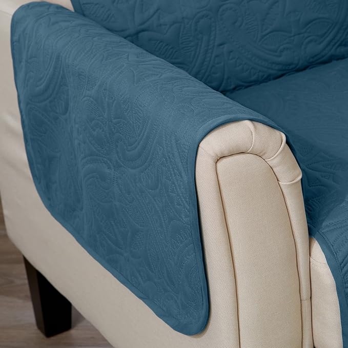 Great Bay Home Reversible Sofa Cover - Washable Slipcover Furniture Protector with Elastic Straps - Couch Cover for Dogs, Kids, and Pets - Quilted & Stitched Detail (Sofa, Smoke Blue/Ivory)