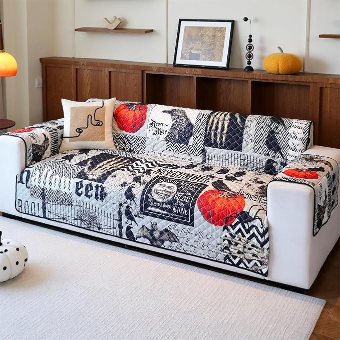 Cmfshape Halloween Skidproof Sofa Cover-Festival Sofa Slipcover with Elastic Straps-Easy Fit Slip Cover-Patchwork Washable Furniture Protector for Pets and Kids(Sofa,Black)