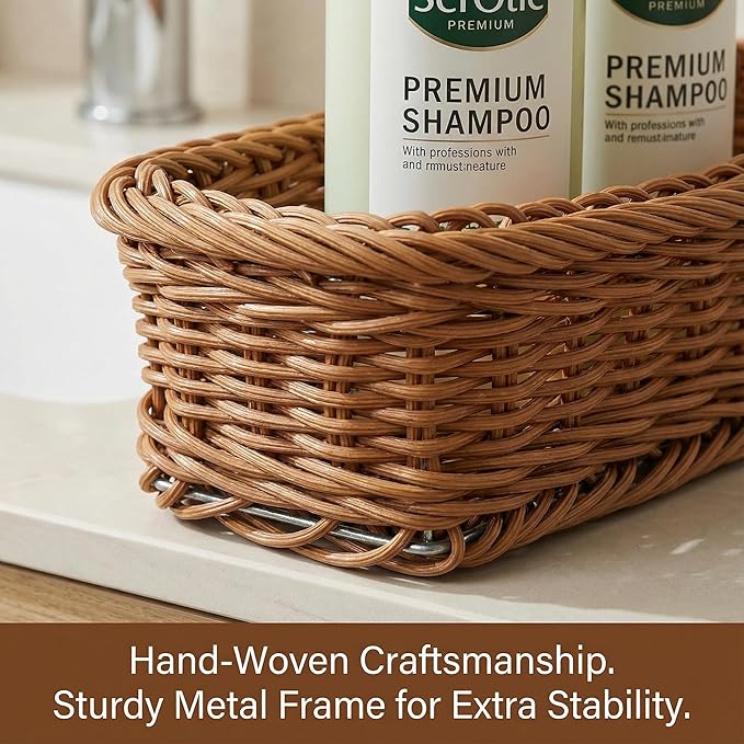 3 Pack Small Bathroom Vanity Trays, Waterproof Plastic Rattan Toilet Tank Organizers, 9.8" Slim Rectangular Topper Baskets for Guest Towel, Perfume & Candle, Washable Wicker Aesthetic (Honey Brown)