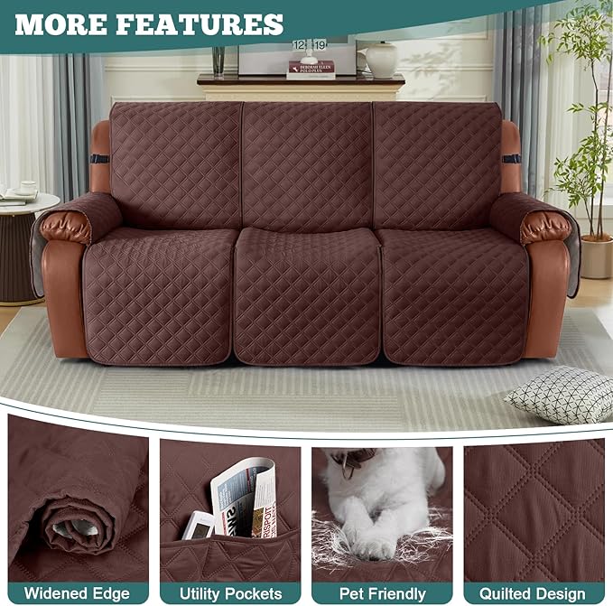 Ruaozz Waterproof Recliner Sofa Covers, 1-Piece Couch Covers for Reclining Couches Reclining Couch Cover Washable Furniture Protector with Elastic Straps Pocket for Kids Pets (Coffee, 3 Seater)