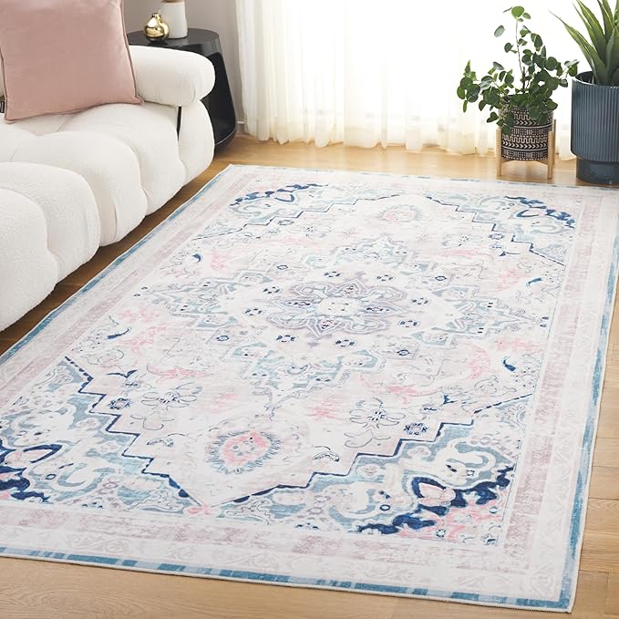 Safavieh Washable Rug Arizona Collection - 5' x 8', Ivory & Aqua, Slip Resistant & Easy to Clean, Ideal for Living Room, Bedroom, Home Office, Dining Space (ARZ324A)