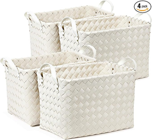 Handwoven Clothes Basket Laundry Hampers Large Wicker Storage Baskets for Shelves Blankets Closet Storage Bins Car Bedroom Bathroom Organizers and Storage Bath (Pack of 4, White)