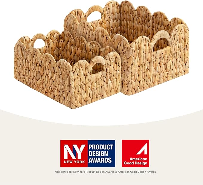 StorageWorks Scalloped Edge Wicker Basket, Hand-woven Rattan Baskets with Built-in Handles, Water Hyacinth Basket for Organizing and Decor, 2 Pack