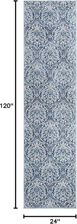 SAFAVIEH Brentwood Collection 2' x 10' Navy / Light Grey BNT860M Floral Damask Ogee Trellis Non-Shedding Living Room Entryway Foyer Hallway Bedroom Runner Rug