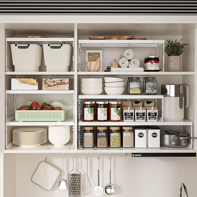 Adjustable Stackable Metal Storage Shelf Organizer - Expandable Wire Rack with Perforations for Kitchen, Pantry, Bathroom, Cabinet & Office-Compact, Durable & Sturdy (3PACKS/Medium/White)