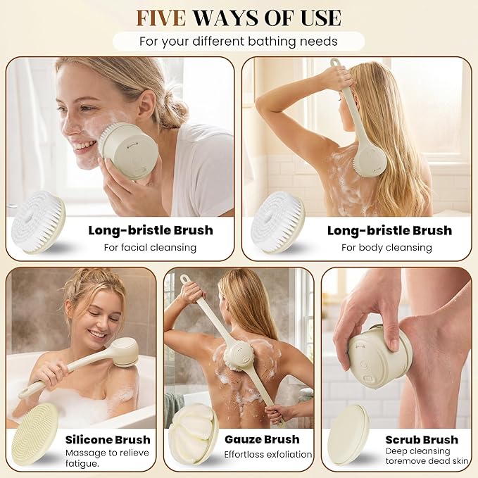 Electric Back Scrubber, Automatic Rotating Exfoliating Massage Bath Brush, Rechargeable, 2 Speed Settings for Cleansing, Exfoliating, and Massaging Skin. (Khaki)