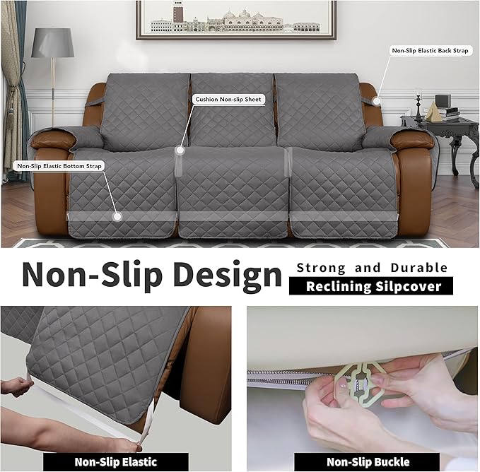 Easy-Going Recliner Sofa Cover, Reversible Couch Cover for 3 Seat Recliner, Split Sofa Cover for Each Seat, Furniture Protector with Elastic Straps for Dogs, Pets(3 Seater, Gray/Light Gray)