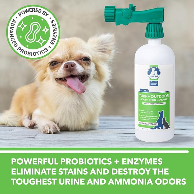 Unique Turf & Outdoor Odor and Stain Remover, Turf Cleaner for Pet Urine Outdoor Dog Odor Eliminator, 30 oz. Bio-Enzymatic Liquid Concentrate with Hose-Connector Bottle