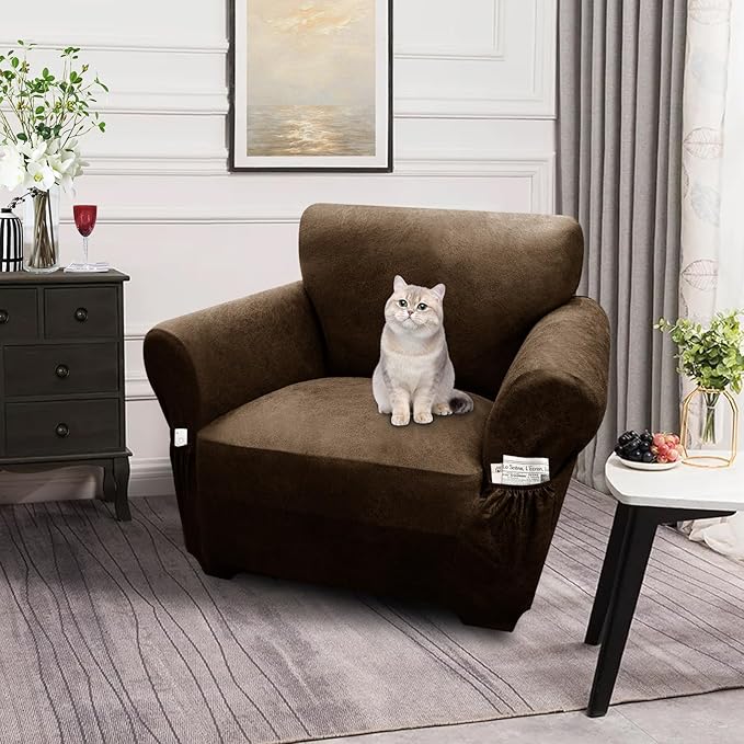Single Sofa Cover Leather Look Chair Covers for Living Room 1-Piece Sofa Chair Covers with Arms Stretch Furniture Protector with Elastic Bottom & Pockets(Armchair, Dark Brown)