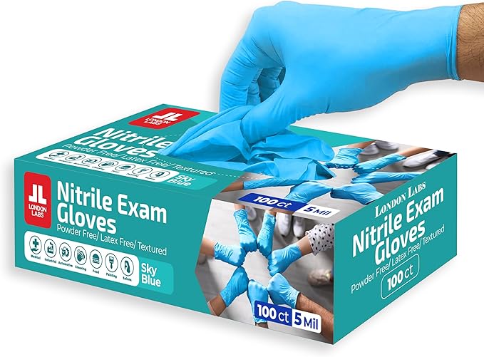 Sky Blue 5 Mil Nitrile Exam Gloves Disposable Latex Free | Medical Rubber Gloves for Doctors, EMT, First Aid Kit, Food Service & Cleaning | Bulk Nitrile for Mechanics (100 CT) - Large