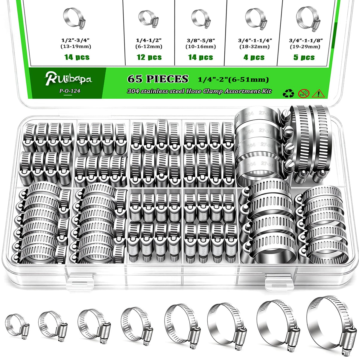 65PCS Hose Clamps Kit,1/4"–2" (6-51mm) SAE 304 Stainless Steel - Image 1