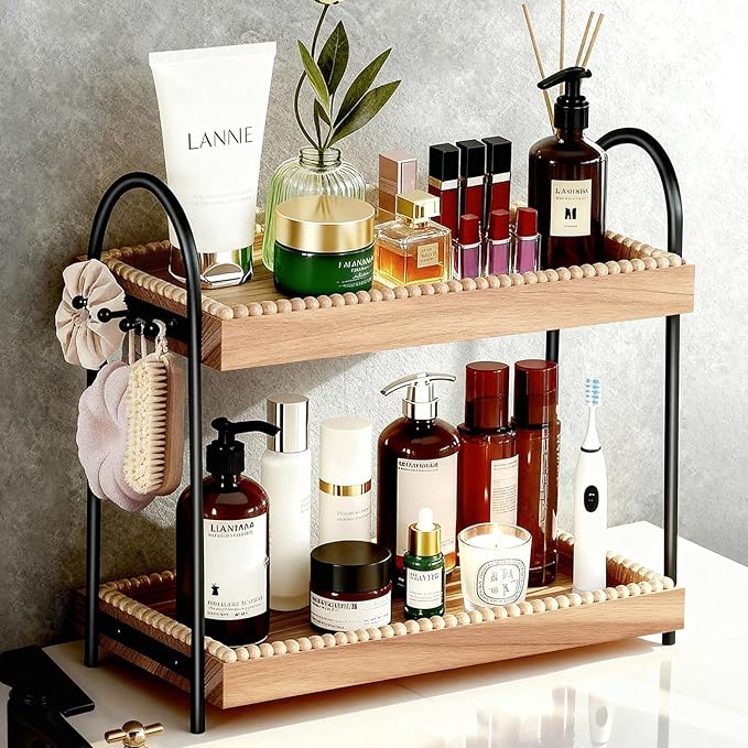 2-Tier Perfume & Makeup Organizer with 8 Jewelry Hooks, Eco-Coated Paulownia Wood Vanity Tray for Bathroom, Coffee Bar & Dresser - Large Storage Shelf for Skincare Bottles (Light Brown & Black)