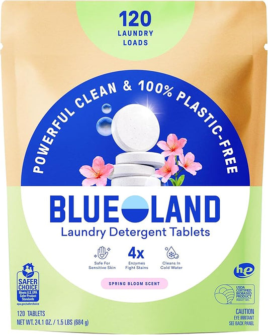 BLUELAND Laundry Detergent Tablets, 120 Count, Spring Bloom Scent, Plastic-Free Eco-Friendly Pods, Sheets, Liquid Alternative - Safe for Sensitive Skin, Gentle