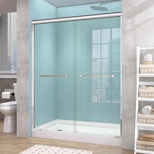 GETPRO Shower Door 68-72 in. W x 72 in. H Double Sliding Semi-Frameless Bypasss Bathroom Shower Glass Doors,1/4 inch Clear Tempered Glass Door for Walk-in Shower Chrome Finish