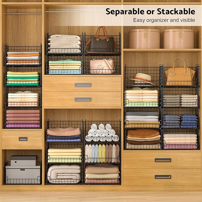 4 Tier Stackable Closet Organizers and Storage Basket - Sturdy Metal Foldable Storage Bin for Sweaters, Jeans and Clothes, Space-Saving Shelf Organizer System for Wardrobe, Black
