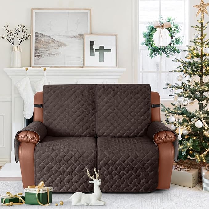 Ruaozz Waterproof Recliner Sofa Covers, 1-Piece Couch Covers for Reclining Couches Reclining Couch Cover Washable Furniture Protector with Elastic Straps Pocket for Kids Pets (Chocolate, XL 2 Seater)