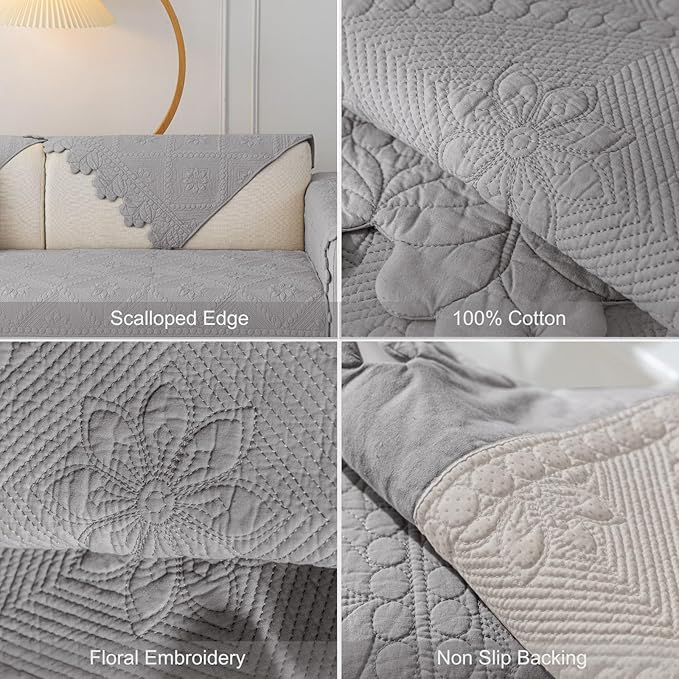Cotton Quilted Dog Couch Cover for Sofa Farmhouse Rustic Embroidery Sectional Couch Cover Soft Anti-Slip Sofa Slipcover Furniture Protector for Kids, Pets (Grey,28"x28")