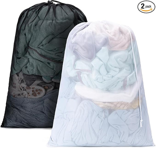 2 Pack Mesh Laundry Bags,Machine Washable Dirty Clothes Organizer with Drawstring and ID Tag, Large Laundry Hamper Liner Enough to Laundry Essentials for Travel, Sports（28" x 40",Black+White)