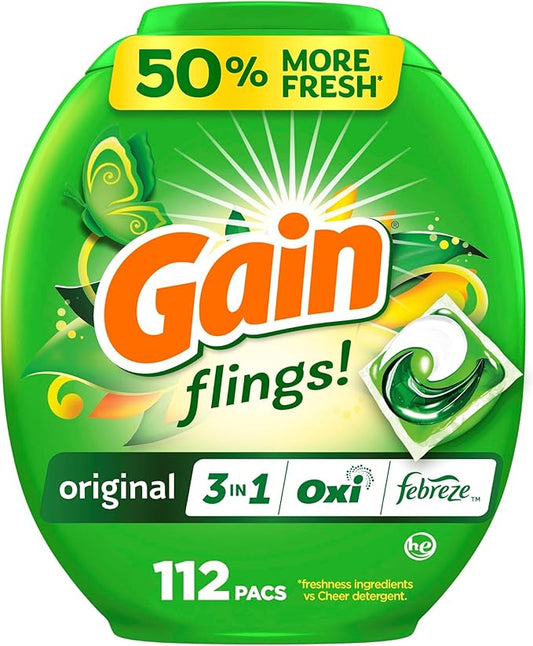 Gain Flings Laundry Detergent Pacs, Odor Defense, 112 Count, Original Scent, 3 in 1 HE Compatible Detergent Pacs with Oxi Boost and Febreeze