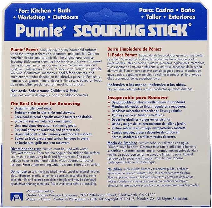 PUMIE Scouring Stick, Heavy Duty, HDW by U.S. Pumice, Remove Toilet Stains, Hard Water Rings, Rust and Paint, Carbon Buildups (1 Pack)