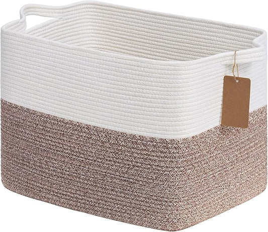 Goodpick Woven Storage Baskets for Organizing 18" x 14" x 12" Large Blanket Basket for Living Room Bedroom, Rectangle Cotton Rope Basket with Handles, Toy Baskets Storage Kids, Brown