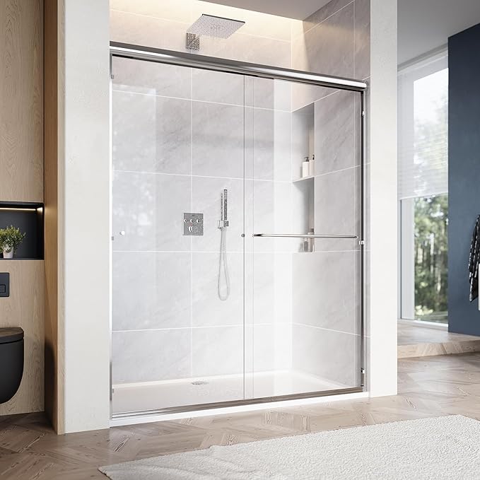SUNNY SHOWER 60 in.W x 72 in.H Glass Shower Door, Semi Frameless Double Sliding Shower Door, 1/4" Clear Glass, Chrome Finish