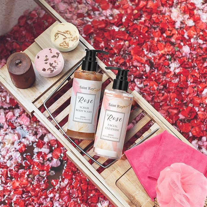 Spa Gifts for Women - 10pcs Self Care Kit with Rose Scented Facial Cleanser, Scrub, Body Wash, Clay Mask, Essential Oil