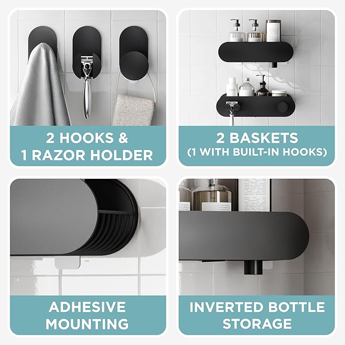 Zenna Home Adhesive Shower Caddy Baskets and Hooks Set, 5-Piece Bathroom Organizers and Storage, Shower Shelves and Hooks, No Drilling, Bathroom Accessories for Shower Storage, Matte Black