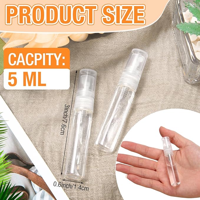 Tanlade 300 Pcs 5ml Mini Spray Bottles Refillable Clear Glass Travel Perfume Atomizer Mouthwash Bottle Cologne Small Sample Containers for Essential Oils, Retailers