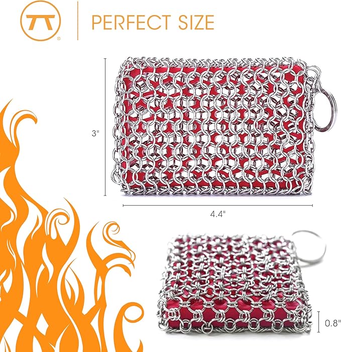 Outset Chain Mail Cast Iron Cleaner and Scrubber Tool with Silicone Support Pad
