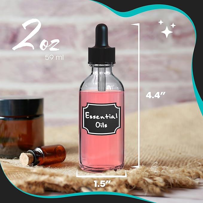 Nevlers 2 Oz Dropper & Spray Clear Glass Bottles w/Funnels, Cleaning Brushes, Label Stickers & Markers Bundle