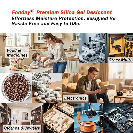 5g x 60 packs Fonday Rechargeable Silica Gel Desiccant Packets Food Grade Fast Reactivate Desiccant Bags Moisture Indicating Orange to Green