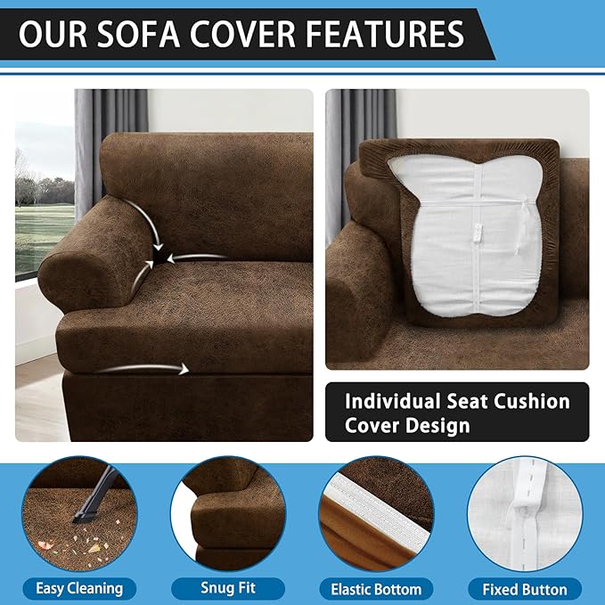 4-Piece T Couch Cover - Leather Look Slipcovers for 3 Cushion Sofa, Brown