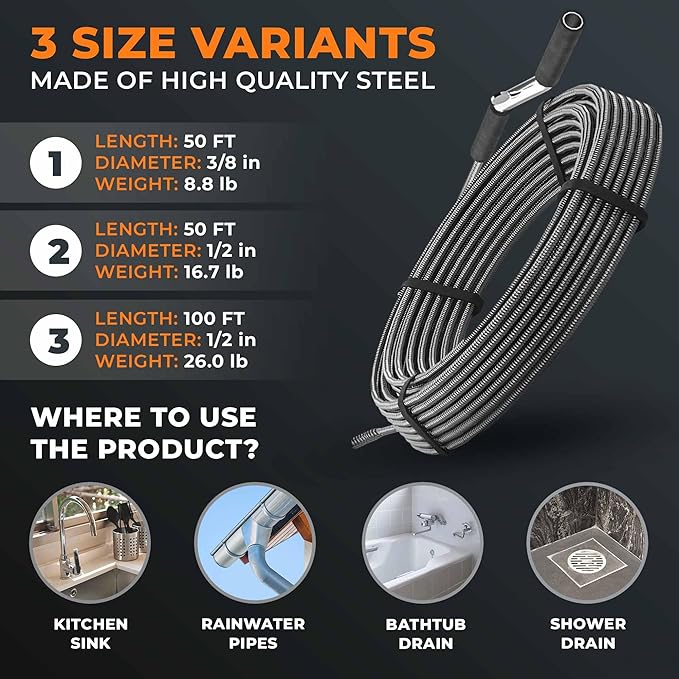 drain snake 3.0 [50 FT] - extremely long - Ideal plumbing snake for heavy & deep blockages - The drain auger for real do-it-yourselfers! (50 FT - 1/2 inch)