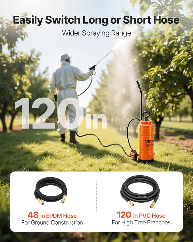 VEVOR Industrial Concrete Sprayer with Wheeled Cart, 3.5 Gallon Stainless Steel Sprayer, Heavy Duty Tri-Poxy Pump Sprayers, 20.5"Wand, 48" & 120"Hoses, 2 Brass Nozzles for Construction, Lawn & Garden