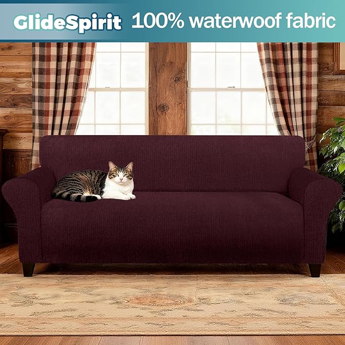 Waterproof Couch Cover, Stretch Non-Slip Oversized Sofa Slipcover with Elastic Bottom Stay-in-Place - Leakproof Furniture Protector for Kids & Pets - Washable (Oversized Sofa, Burgundy)