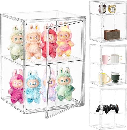 Attelite Acrylic Display Case Compatible with POP MART Labubu Display Case 4 Pack Clear Display Box with Magnetic Door for Figures Collectibles, 3 Adjustable Layers with a Removable Divider,X Large
