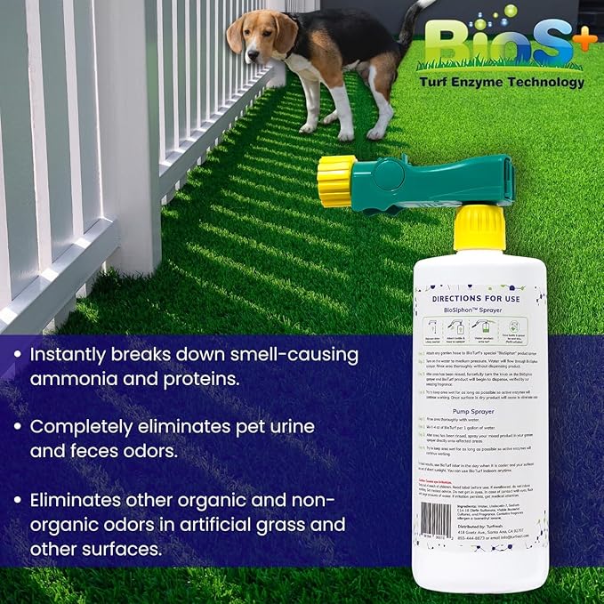 BioS+ Odor Eliminator Concentrate - Artificial Turf Cleaner for Dog Urine & Feces - Outdoor Yard Deodorizer Enzyme Odor Eliminator for Fake Grass, Patios, Kennels & Gravel - 32 oz Bottle