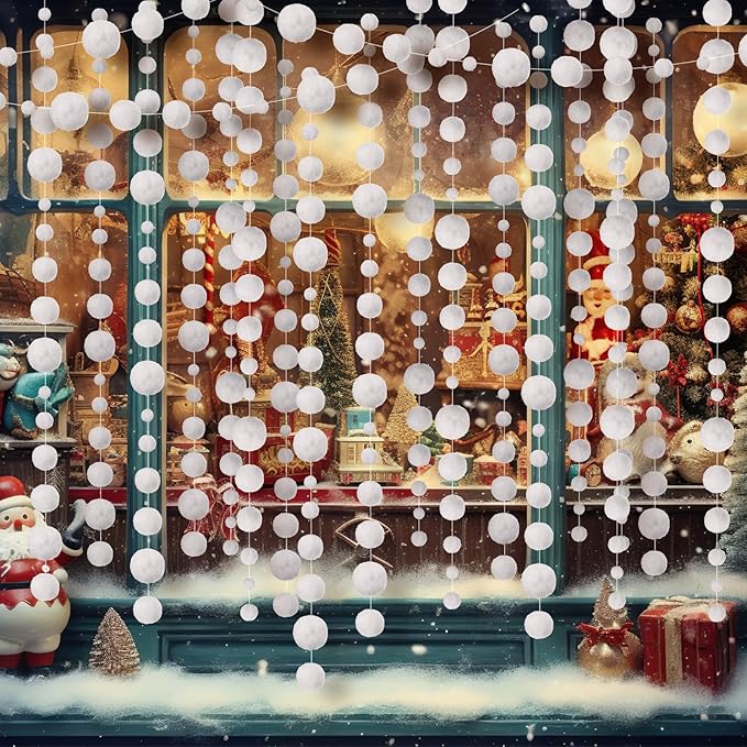 Tegeme 36 Pcs Winter Snowball Garland 6.5 Feet White Pom Pom String Garland Winter Party Wonderland Decoration Snow Ball Hanging Banner White Snowball Decor for Ceiling Tree Holiday Party Wall Home
