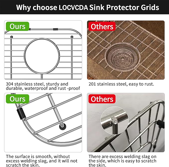Stainless Steel Universal Sink Protector - 13.1" x 11.6" x 1" Grid With Rear Drain and Sink Strainers