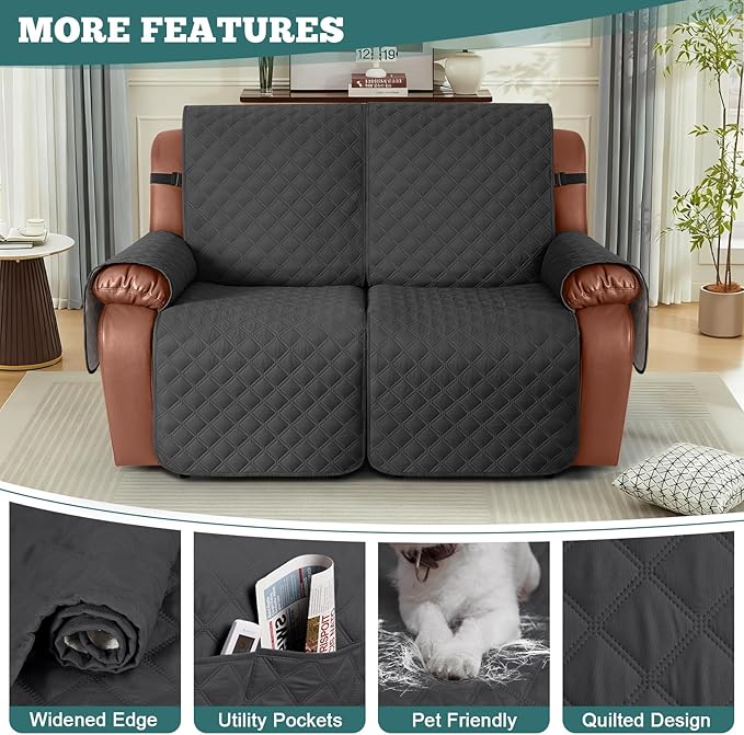 Ruaozz Waterproof Recliner Sofa Covers, 1-Piece Reclining Couch Covers Non-Slip Sofa Slipcover Washable Furniture Protector with Elastic Straps Pocket for Kids Pets (Charcoal Grey, 2 Seater)