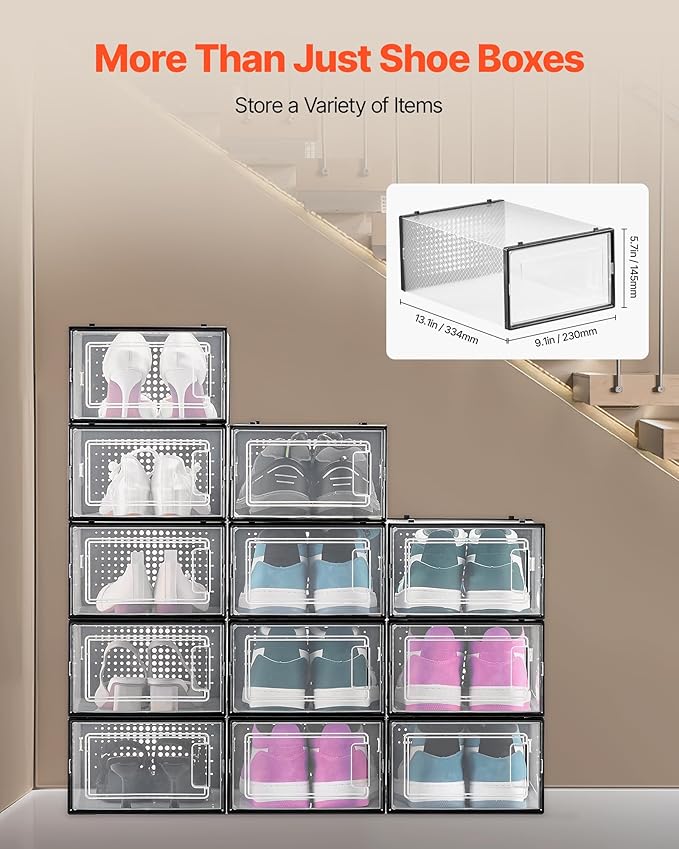 VEVOR Shoe Storage Boxes, 12 Pack Stackable Shoe Boxes Storage Organizers, Fit up to US Size 11, Plastic Modular Space Saving Sneaker Containers for Storing High Heels, Boots, and Hats, Black Frame