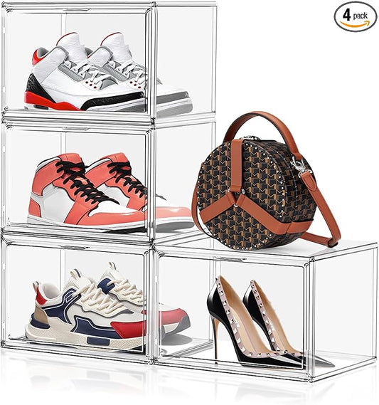 4 Pack X-Large Shoe Boxes Size 14, Clear Acrylic Handbag Storage Box Sneaker Display Case Shoes Containers with Magnetic Door Acrylic Display Case Organizer for Closet
