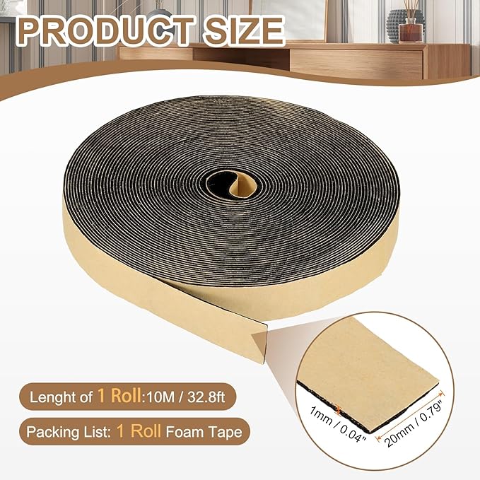 PATIKIL Foam Insulation Tape, 3/4" W x 1/16" t x 32.8FT Self Adhesive Weather Stripping Door Seal Strip for Door Window Air Conditioning, Black